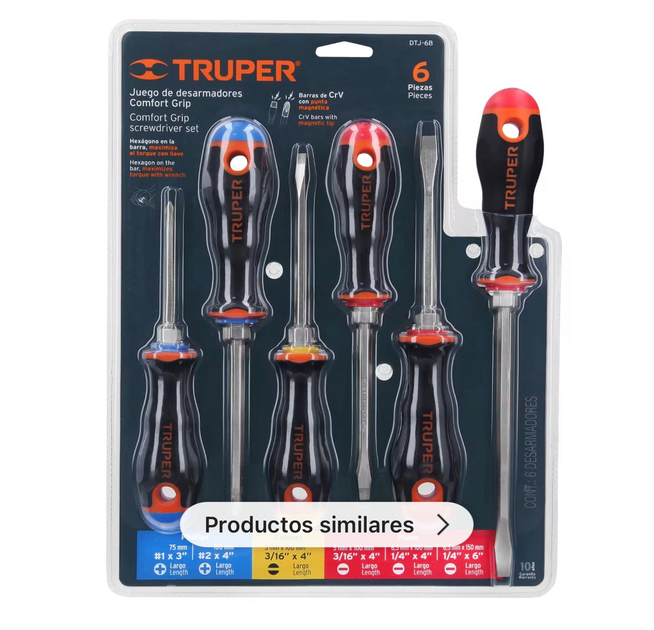 Juego de 6 Desarmadores Truper Comfort Grip – Punta Plana y Cruz