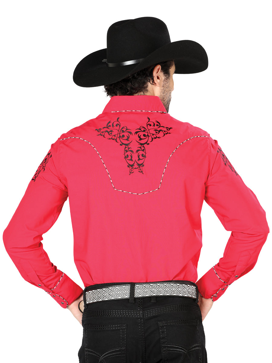 Camisa Vaquera de Hombre El General Manga Larga Bordada Casual en 65% Poliéster 35% Algodón Color Rojo/Negro 40992