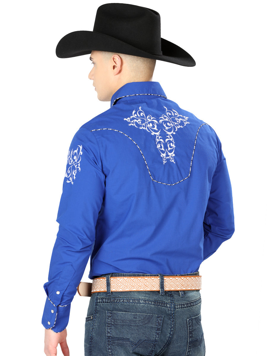 Camisa Vaquera de Hombre El General Manga Larga Bordada Casual en 65% Poliéster 35% Algodón Color Azul/Blanco 40993