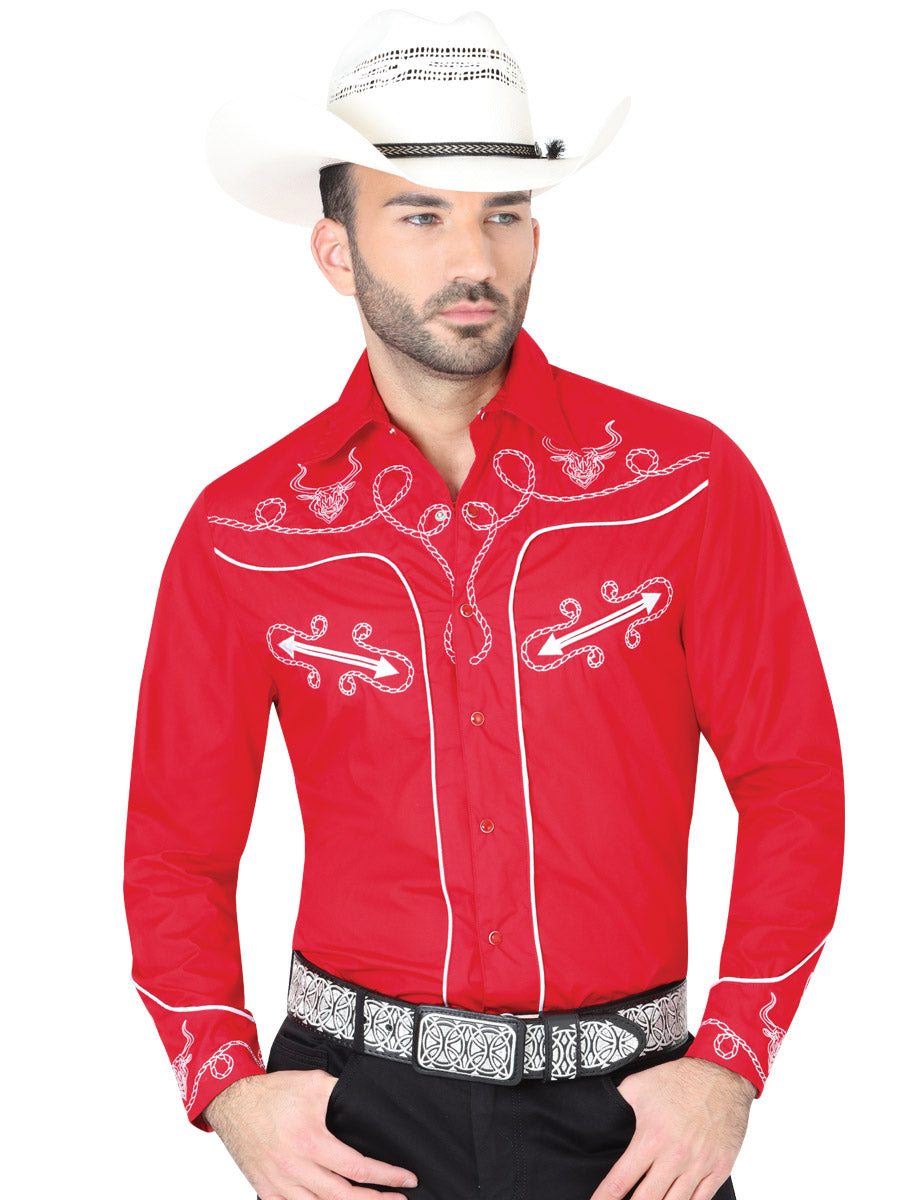 Camisa Vaquera de Hombre El General S2018-10A Manga Larga Bordada en 60% Algodón 40% Poliéster Color Rojo 41939