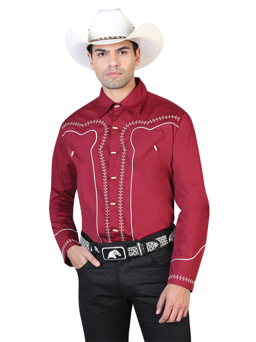 Camisa Vaquera de Hombre El General 2019-115 Charro Casual en 55% Algodón 45% Poliéster Color Vino 42550