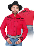 Camisa Vaquera de Hombre El Señor de los Cielos CHC062 Manga Larga Bordada en 65% Poliéster 35% Algodón Color Rojo 42883