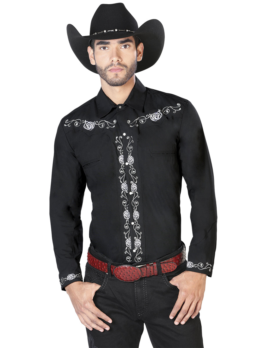 Camisa Vaquera de Hombre El Señor de los Cielos Manga Larga Bordada Casual en 65% Poliéster 35% Algodón Color Negro/Blanco 42937