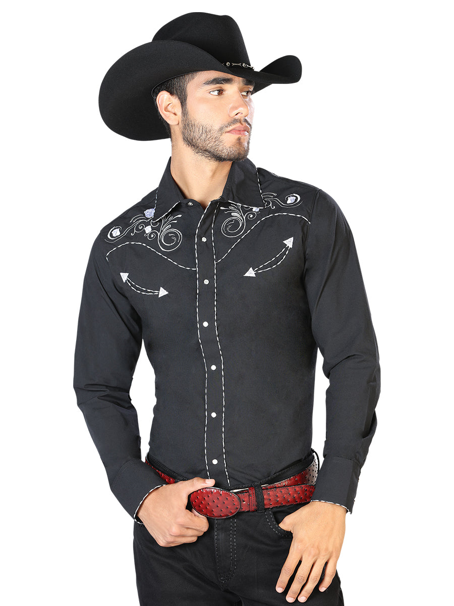 Camisa Vaquera de Hombre El Señor de los Cielos Manga Larga Bordada Casual en 65% Poliéster 35% Algodón Color Negro/Blanco 42940