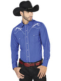 Camisa Vaquera de Hombre El Señor de los Cielos Manga Larga Bordada Casual en 65% Poliéster 35% Algodón Color Azul Rey 42959
