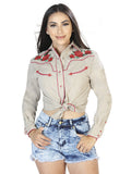 Camisa Vaquera de Mujer El Señor de los Cielos Manga Larga Bordada en 65% Poliéster 35% Algodón Color Khaki 42963