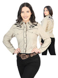 Camisa Vaquera de Mujer El Señor de los Cielos Manga Larga Bordada en 65% Poliéster 35% Algodón Color Khaki 42969