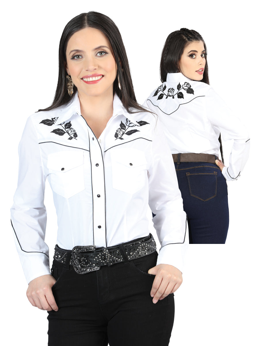 Camisa Vaquera de Mujer El Señor de los Cielos Manga Larga Bordada en 65% Poliéster 35% Algodón Color Blanco 42970