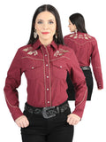 Camisa Vaquera de Mujer El Señor de los Cielos Manga Larga Bordada en 65% Poliéster 35% Algodón Color Vino 42971