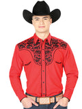 Camisa Vaquera de Hombre El Señor de los Cielos Manga Larga Bordada Casual en 65% Poliéster 35% Algodón Color Rojo/Negro 43298