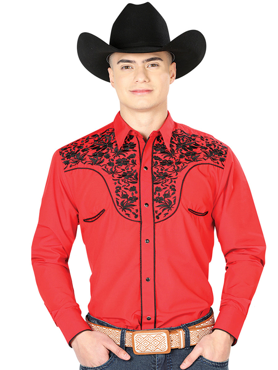 Camisa Vaquera de Hombre El Señor de los Cielos Manga Larga Bordada Casual en 65% Poliéster 35% Algodón Color Rojo/Negro 43298