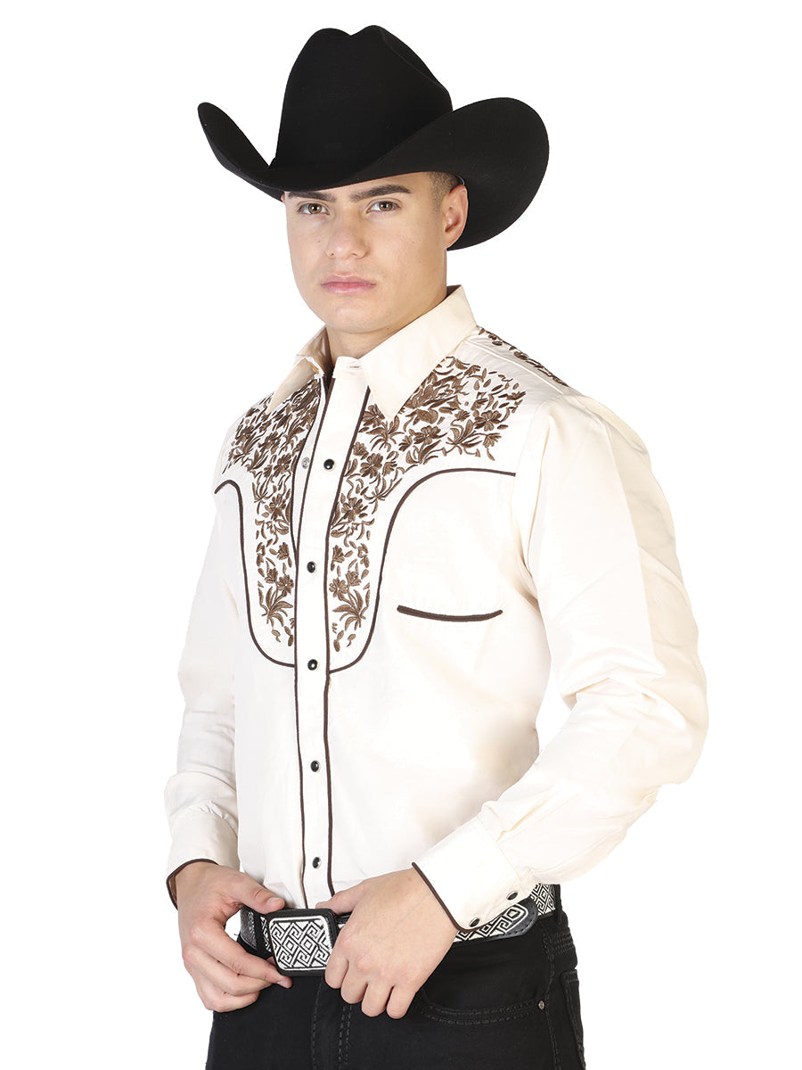 Camisa Vaquera de Hombre El Señor de los Cielos Manga Larga Bordada Casual en 65% Poliéster 35% Algodón Color Beige/Dorado 43299