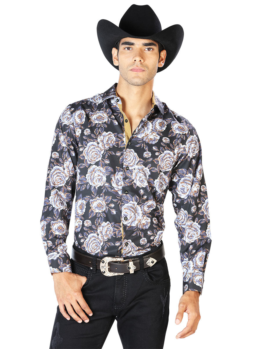 Camisa Vaquera de Hombre El Señor de los Cielos Manga Larga Casual en 97% Poliéster 3% Spandex Color Negro/Beige 43540