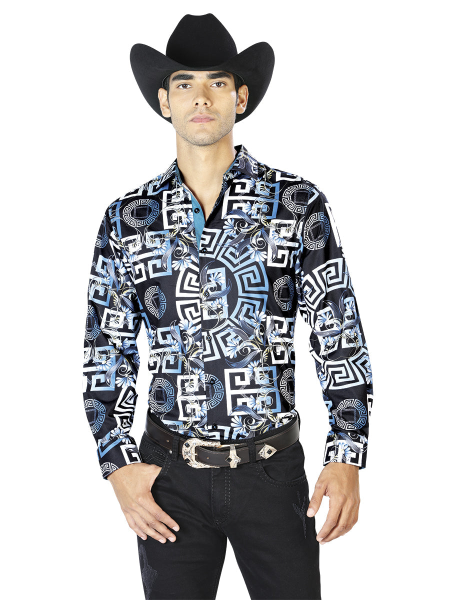 Camisa Vaquera de Hombre El Señor de los Cielos WH-115 Manga Larga Casual en 97% Poliéster 3% Spandex Color Azul Marino 43558