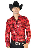 Camisa Vaquera de Hombre El Señor de los Cielos Manga Larga Casual en 97% Poliéster 3% Spandex Color Rojo/Dorado 43572
