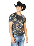 Camisa Vaquera de Hombre El Señor de los Cielos T-shirt S/sleeve WH-060 en 97% Poliéster 3% Spandex Color Negro/Dorado 43603