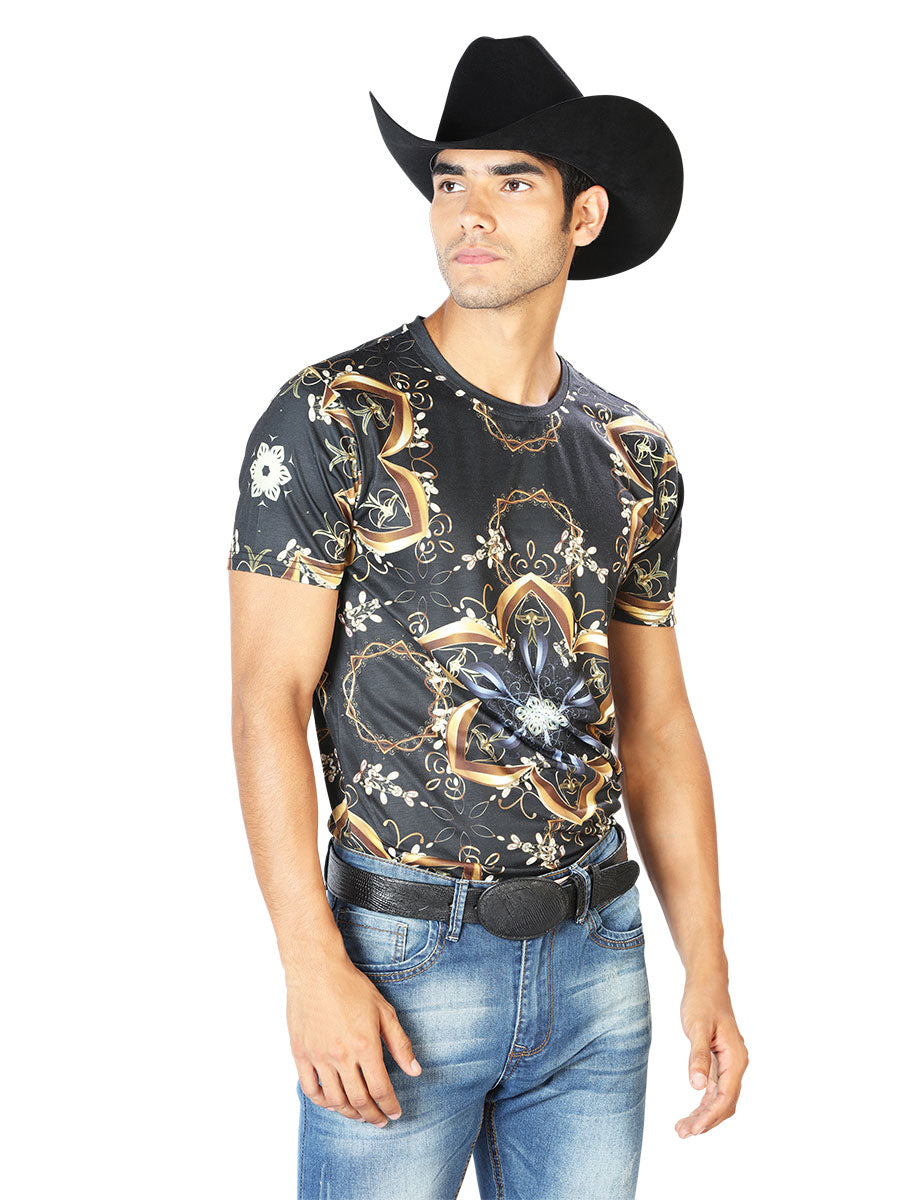 Camisa Vaquera de Hombre El Señor de los Cielos T-shirt S/sleeve WH-060 en 97% Poliéster 3% Spandex Color Negro/Dorado 43603