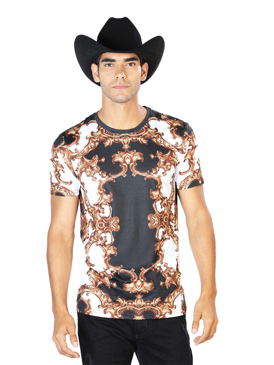 Camisa Vaquera de Hombre El Señor de los Cielos T-shirt S/sleeve WH-069 en 97% Poliéster 3% Spandex Color Blanco/Negro/Dorado 43604