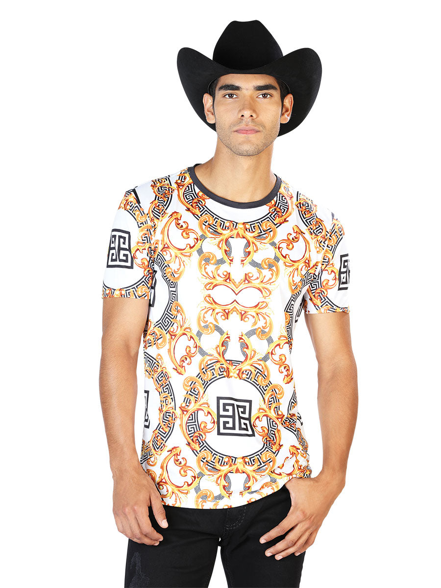 Camisa Vaquera de Hombre El Señor de los Cielos T-shirt S/sleeve WH-063 en 97% Poliéster 3% Spandex Color Blanco Roto/Dorado 43605