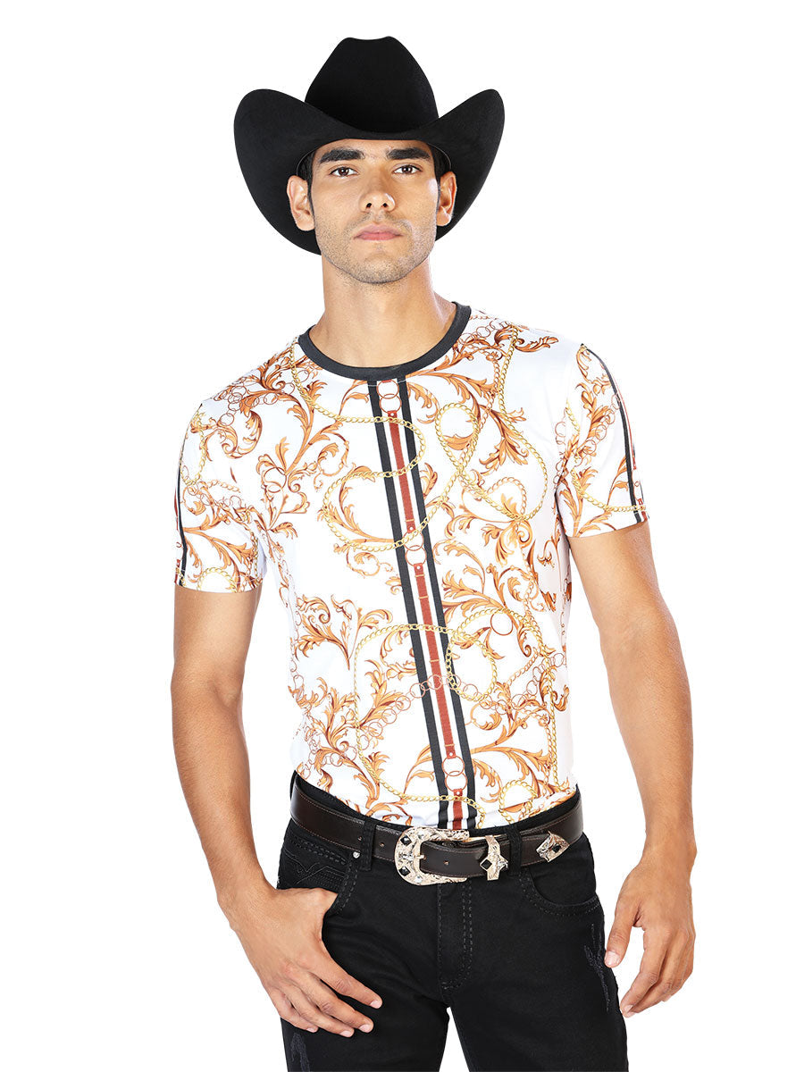 Camisa Vaquera de Hombre El Señor de los Cielos T-shirt S/sleeve WH-041 en 97% Poliéster 3% Spandex Color Blanco Roto/Dorado 43606