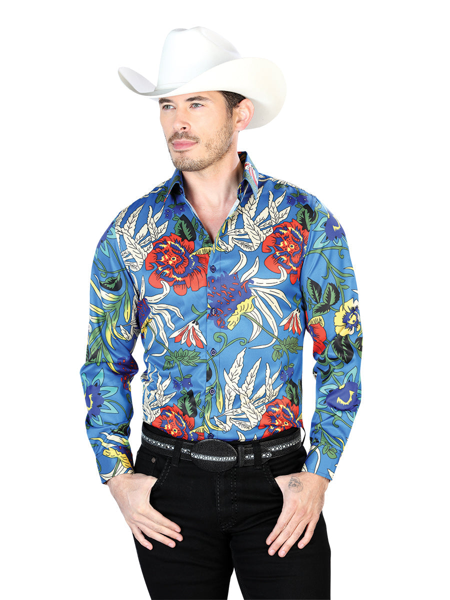 Camisa Vaquera de Hombre El Señor de los Cielos Manga Larga Casual en 97% Poliéster 3% Lycra Color Azul/Dorado 43677