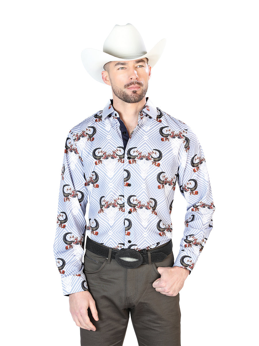 Camisa Vaquera de Hombre El Señor de los Cielos Manga Larga Casual en 95% Poliéster 5% Spandex Color Gris/Negro 43693