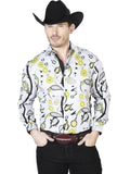 Camisa Vaquera de Hombre El Señor de los Cielos Manga Larga Casual en 95% Poliéster 5% Spandex Color Gris/Amarillo 43697