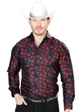 Camisa Vaquera de Hombre El Señor de los Cielos Manga Larga Casual en 100% Microfibra Color Rojo/Negro 43703