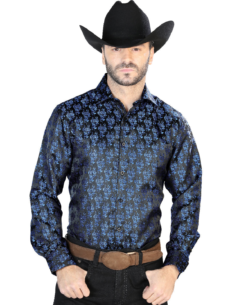Camisa Vaquera de Hombre El Señor de los Cielos Manga Larga Casual en 100% Microfibra Color Negro/Azul 43707