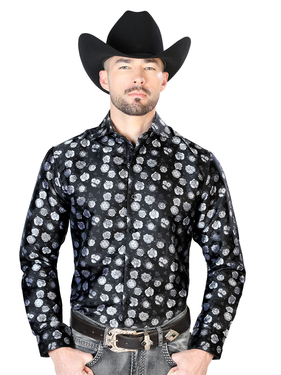 Camisa Vaquera de Hombre El Señor de los Cielos Manga Larga Casual en 100% Microfibra (Poliéster) Color Negro/Blanco 43710