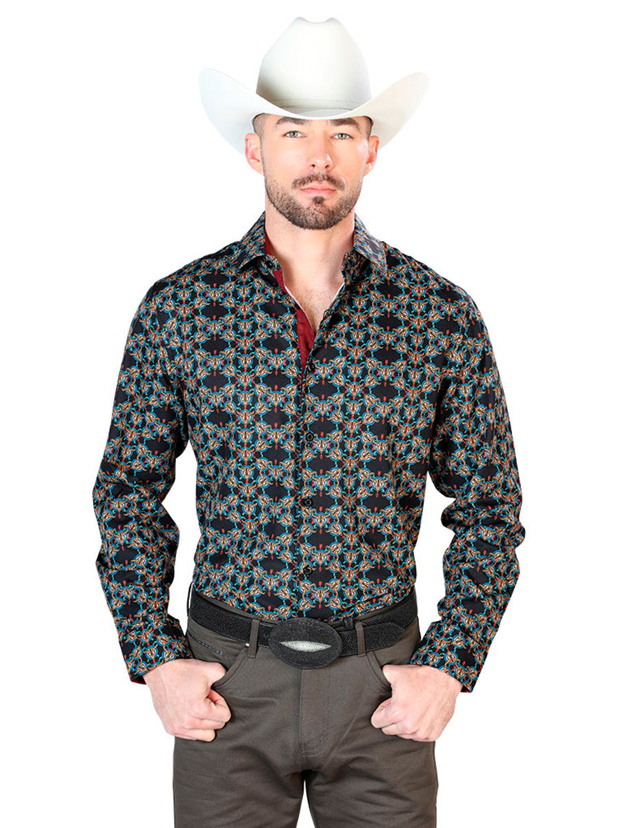 Camisa Vaquera de Hombre El Señor de los Cielos Manga Larga Casual en 95% Poliéster 5% Spandex Color Negro/Dorado 43717