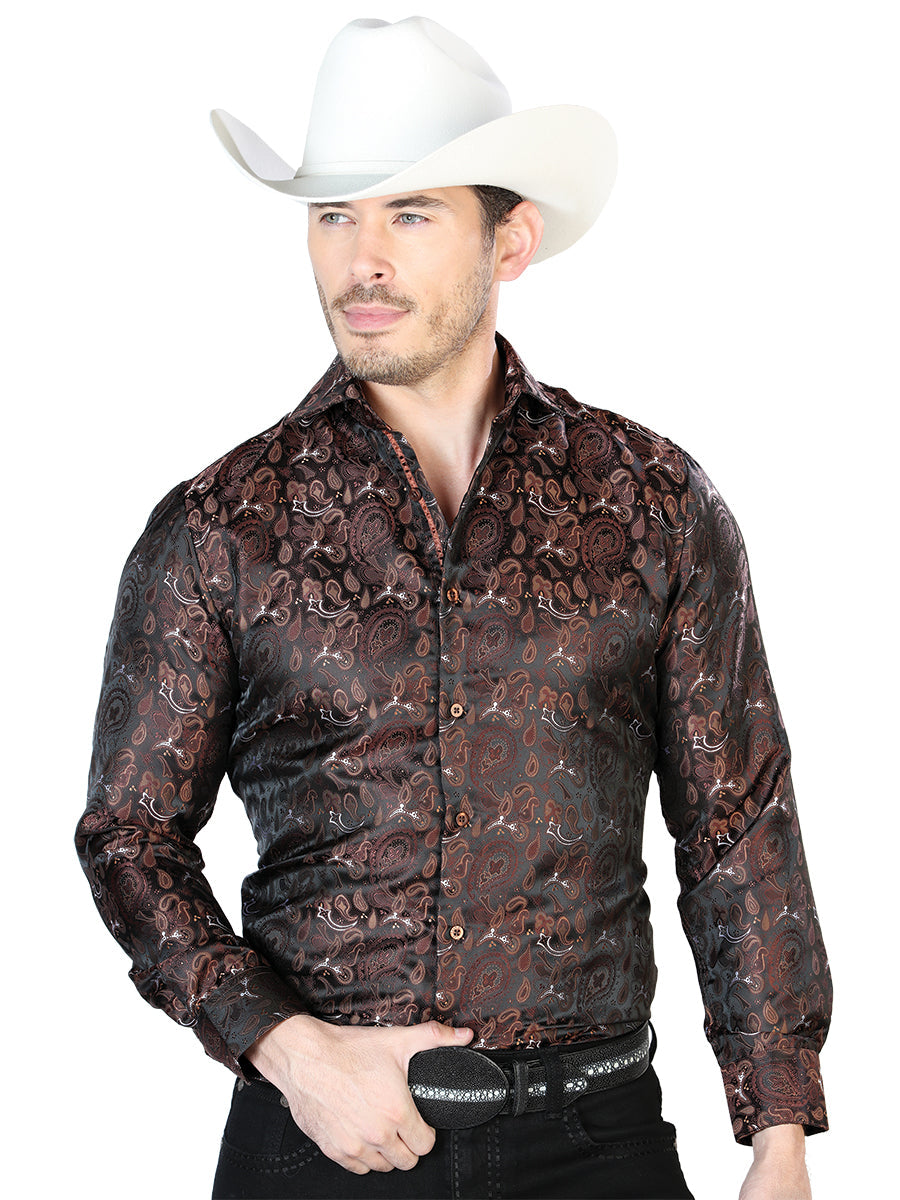 Camisa Vaquera de Hombre El Señor de los Cielos Manga Larga Casual en 100% Microfibra (Poliéster) Color Negro/Café 43763