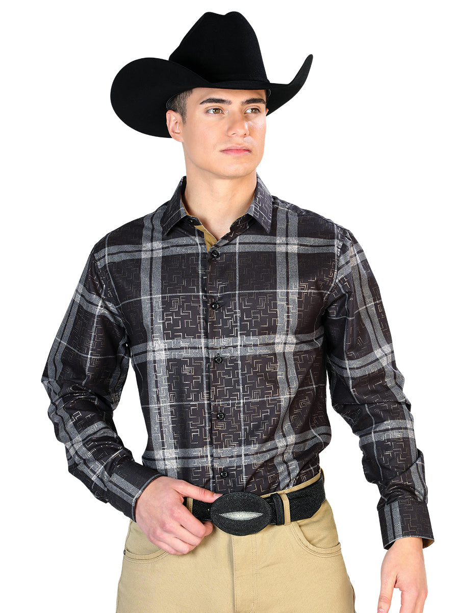 Camisa Vaquera de Hombre El Señor de los Cielos WH7-179 Manga Larga Casual en 100% Poliéster Color Negro 43782