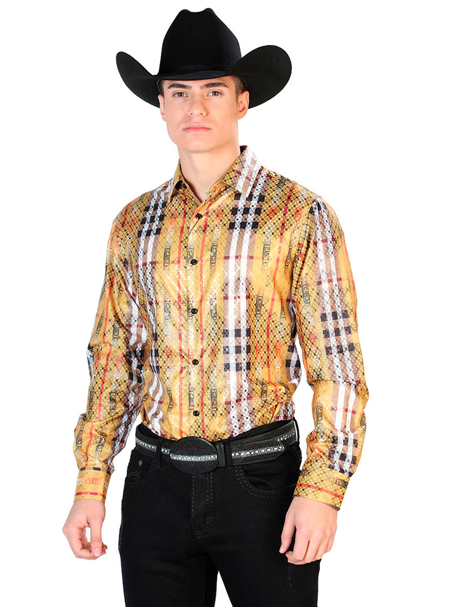 Camisa Vaquera de Hombre El Señor de los Cielos WH7-303 Manga Larga Casual en 100% Poliéster Color Amarillo/Negro 43784