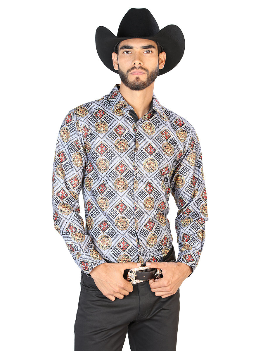Camisa Vaquera de Hombre El Señor de los Cielos WH7-290 Manga Larga Casual en 100% Poliéster Color Dorado/Blanco 43790