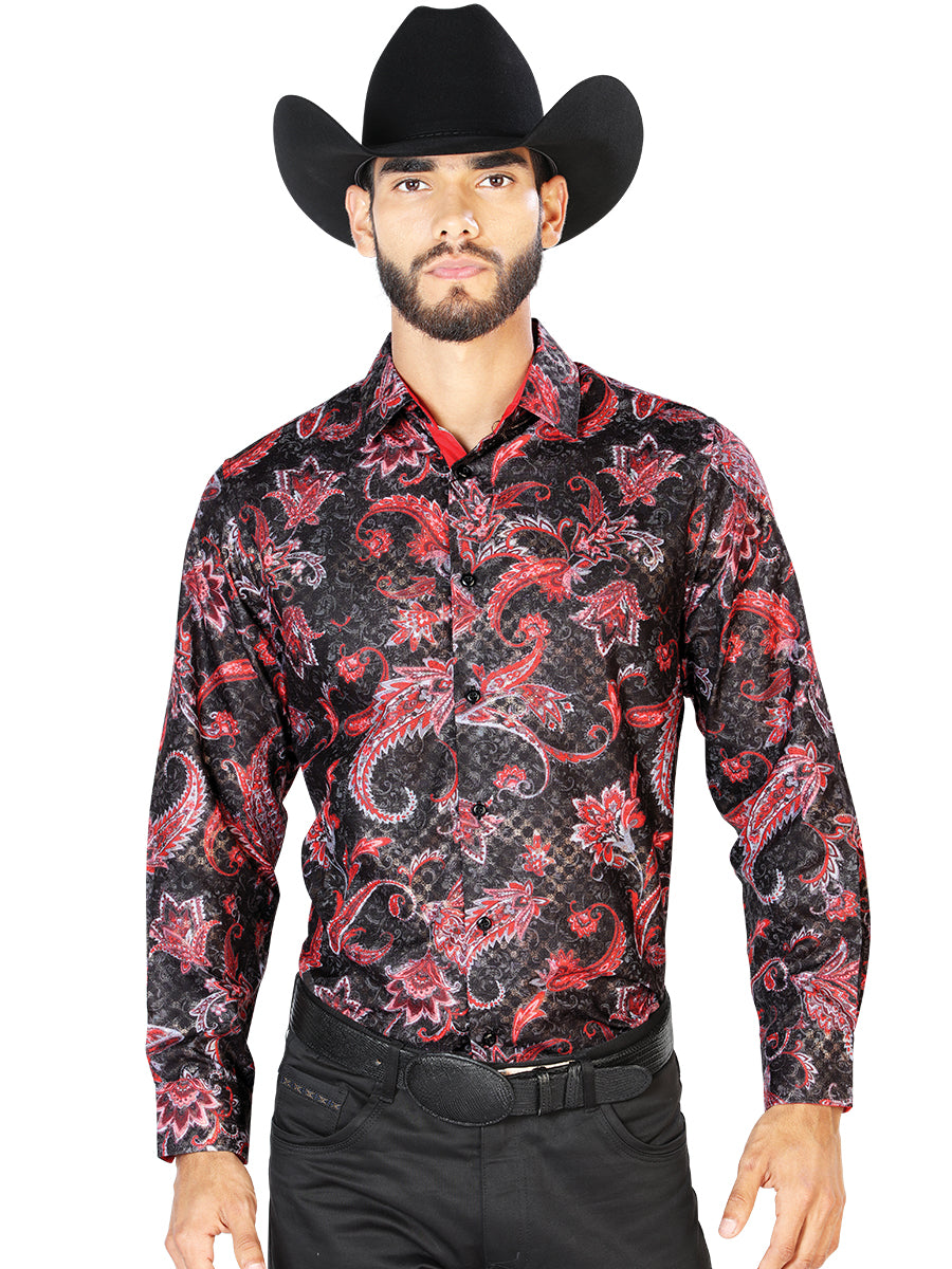 Camisa Vaquera de Hombre El Señor de los Cielos Manga Larga Casual en 100% Poliéster Color Negro/Rojo 43804