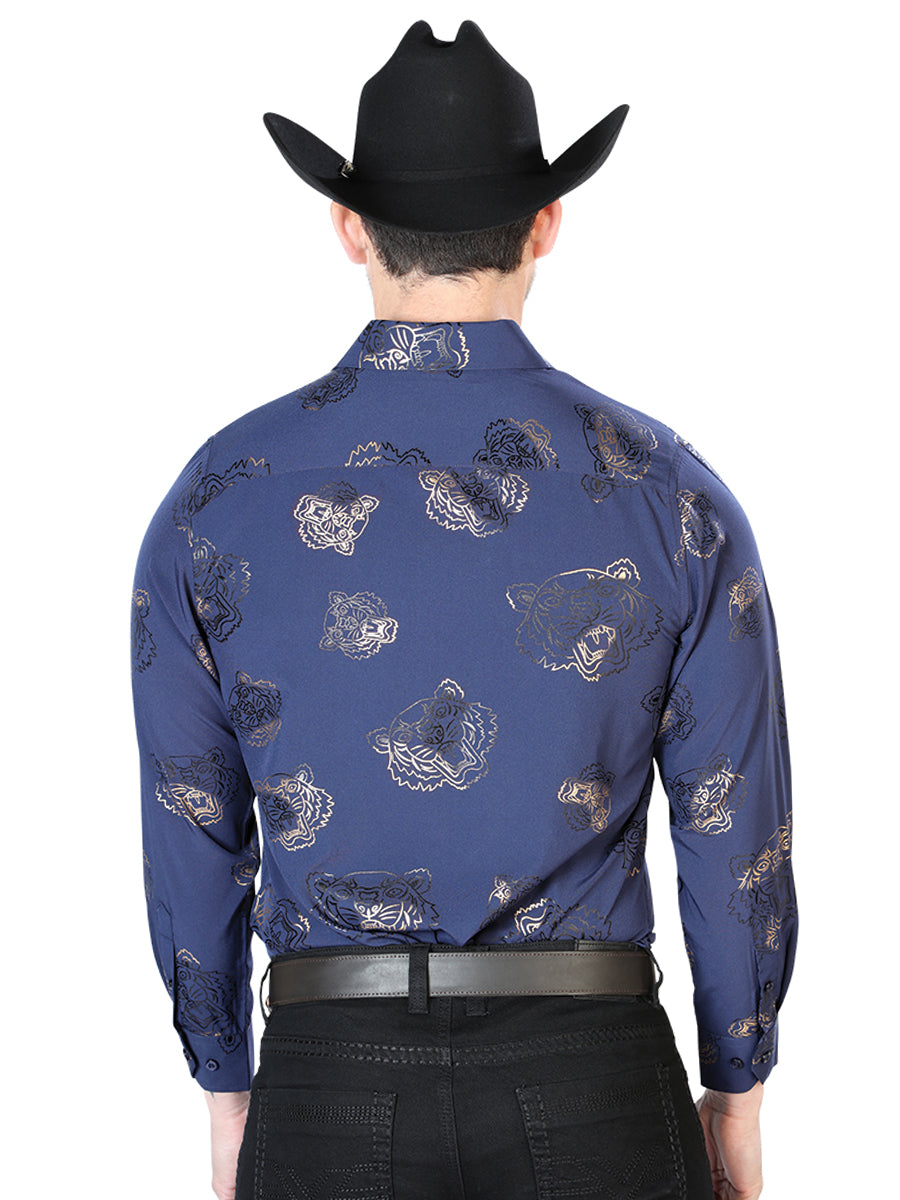 Camisa Vaquera de Hombre El Señor de los Cielos Manga Larga Casual en 97% Poliéster 3% Spandex Color Azul Marino 43843