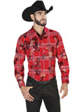 Camisa Vaquera de Hombre El Señor de los Cielos Manga Larga Casual en 97% Poliéster 3% Spandex Color Rojo 43844