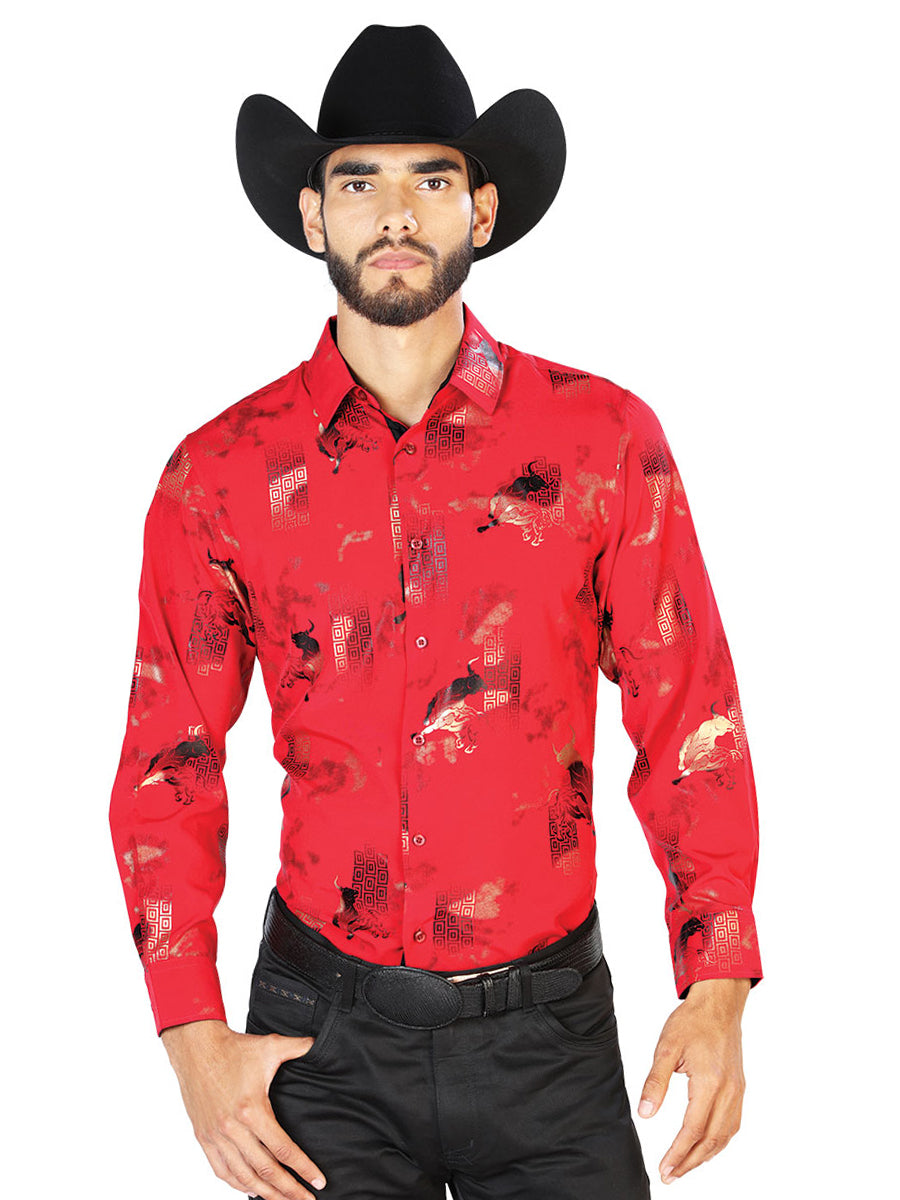 Camisa Vaquera de Hombre El Señor de los Cielos WH7-204 Manga Larga Casual en 97% Poliéster 3% Spandex Color Vino 43846