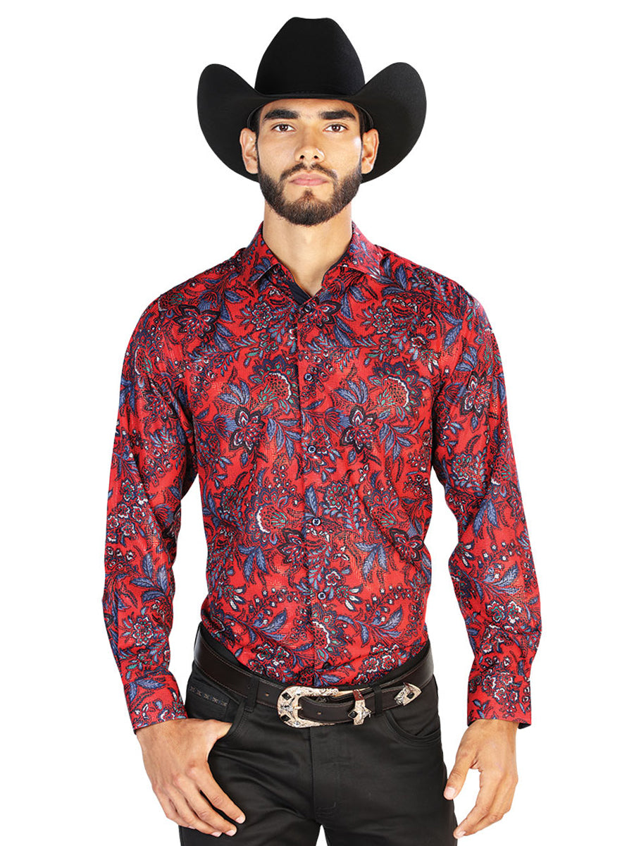 Camisa Vaquera de Hombre El Señor de los Cielos Manga Larga Casual en 97% Poliéster 3% Spandex Color Rojo 43856