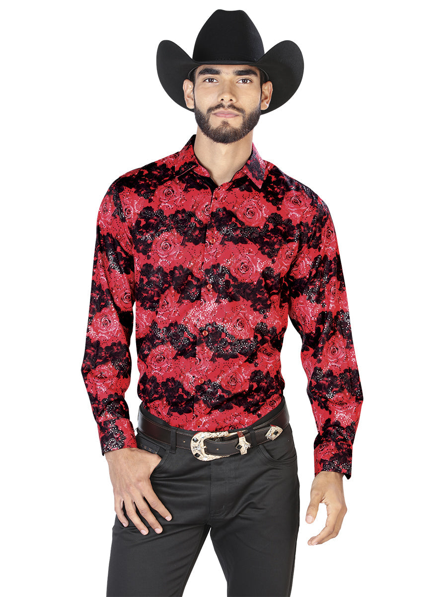 Camisa Vaquera de Hombre El Señor de los Cielos WH7-047 Manga Larga Casual en 97% Poliéster 3% Spandex Color Rojo 43874