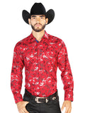 Camisa Vaquera de Hombre Centenario L/manga Manga Larga Casual en 95% Poliéster 5% Spandex Color Rojo/Plata 43901
