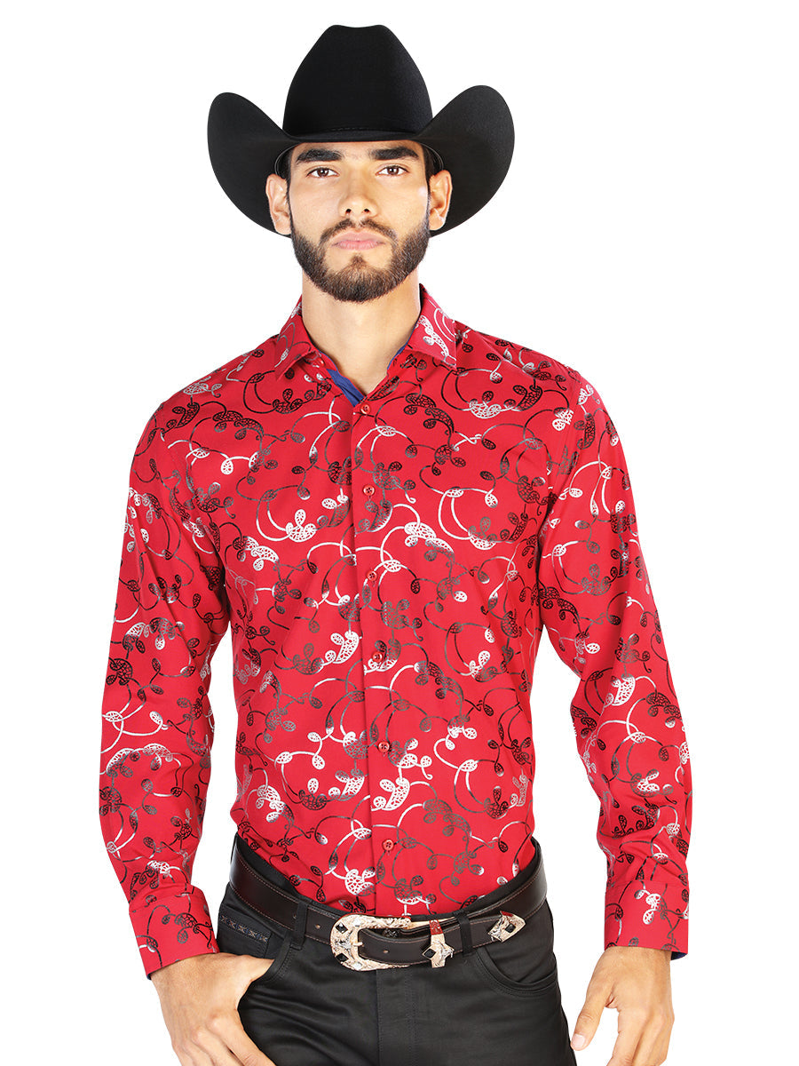 Camisa Vaquera de Hombre Centenario L/manga Manga Larga Casual en 95% Poliéster 5% Spandex Color Rojo/Plata 43901