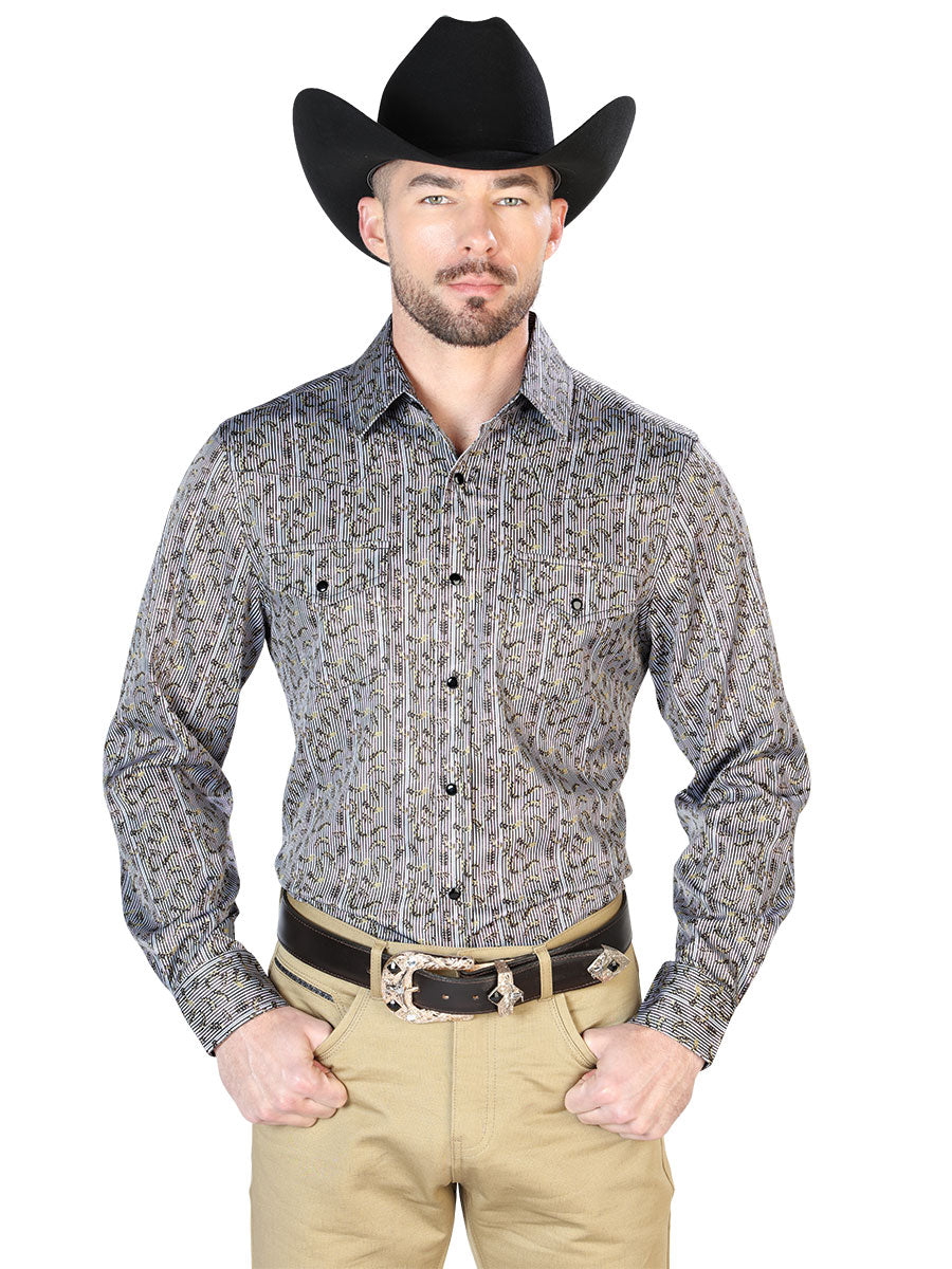 Camisa Vaquera de Hombre El General Manga Larga Casual Color Gris/Rojo 43931