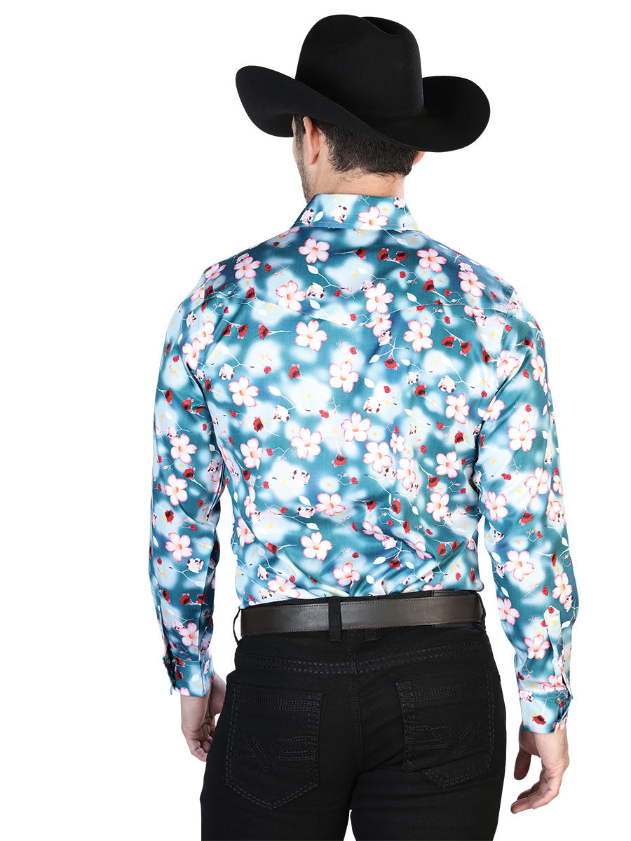 Camisa Vaquera de Hombre El Señor de los Cielos Manga Larga Broche Casual en 97% Poliéster 3% Lycra Color Aqua 43943