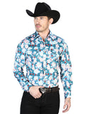 Camisa Vaquera de Hombre El Señor de los Cielos Manga Larga Broche Casual en 97% Poliéster 3% Lycra Color Aqua 43943