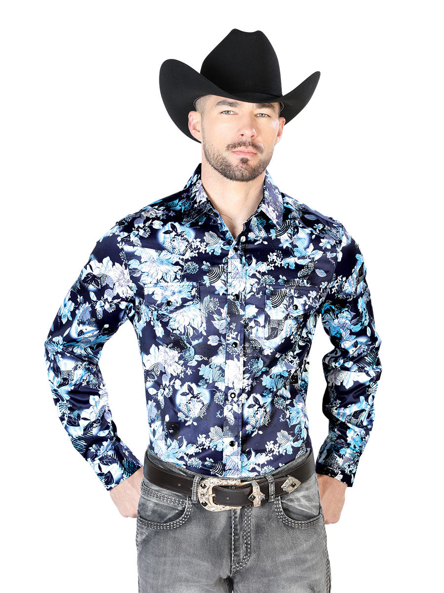 Camisa Vaquera de Hombre El Señor de los Cielos Manga Larga Broche Casual en 97% Poliéster 3% Lycra Color Azul 43958