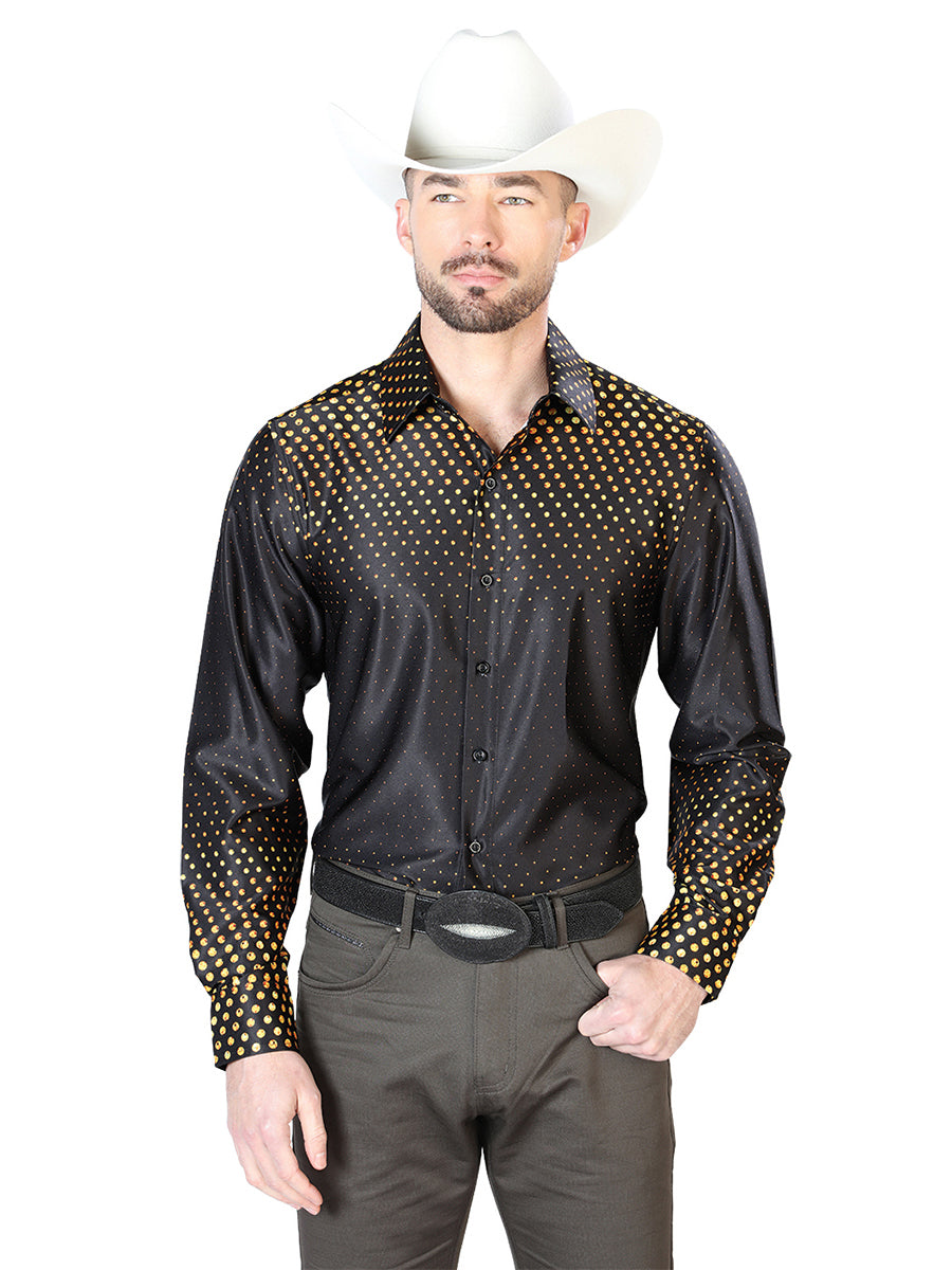Camisa Vaquera de Hombre El Señor de los Cielos Manga Larga Casual en 97% Poliéster 3% Lycra Color Negro/Dorado 43986