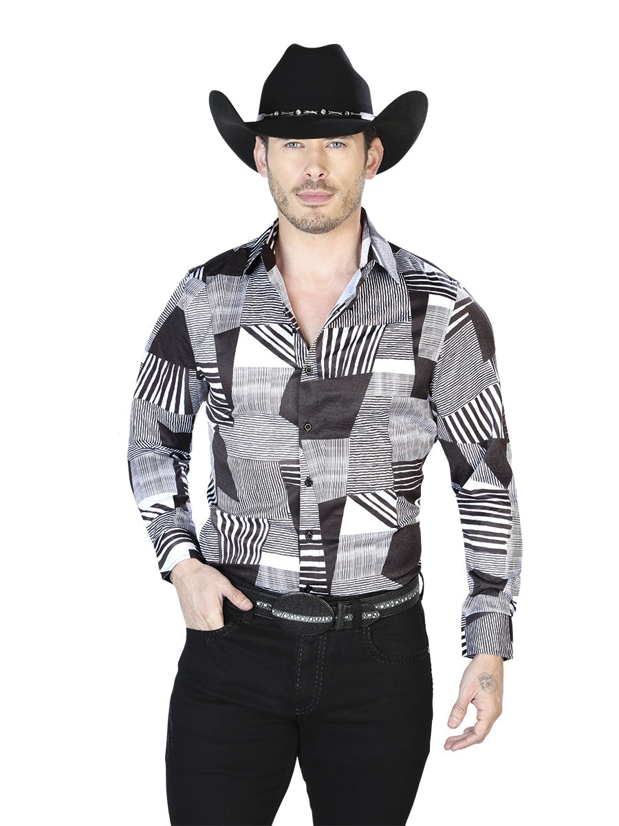 Camisa Vaquera de Hombre El Señor de los Cielos Manga Larga Casual en 97% Poliéster 3% Lycra Color Negro/Dorado 43991