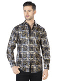 Camisa Vaquera de Hombre El Señor de los Cielos WH10-011 Manga Larga Casual en 100% Poliéster Color Negro/Dorado 44013
